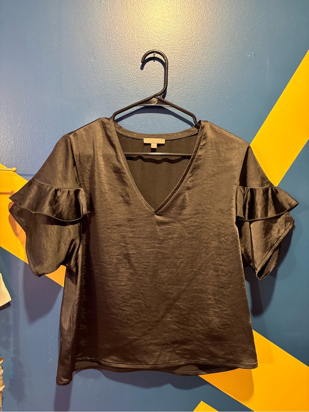 Anthropologie Lilla P Black Satin V-Neck Short Sleeve Blouse NWOT